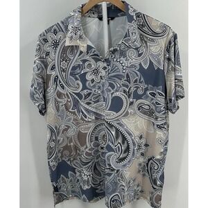 CEGOLF Women's 3XL Paisley Golf Shirt Blue Short Sleeve Button Up Resort Coastal